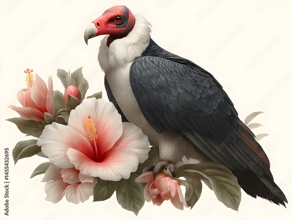 Obraz premium A majestic king vulture perched gracefully amidst vibrant pink hibiscus flowers on a pristine white background.