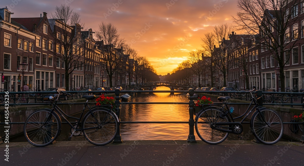 Obraz premium Amsterdam Canal Sunset View with Bicycles