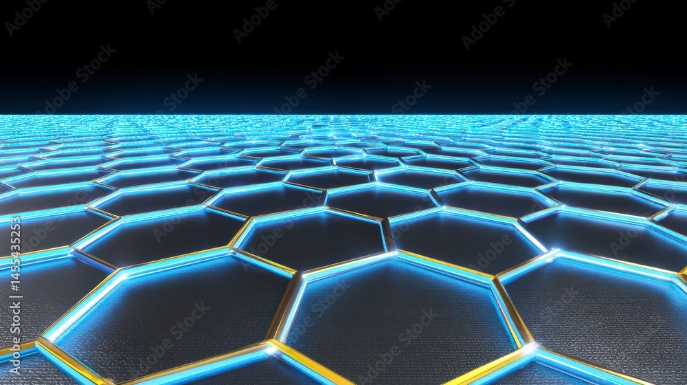 Naklejka premium Futuristic Hexagonal Grid Pattern with Glowing Blue Light and Dark Background in 3D Perspective