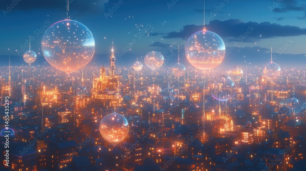 Fototapeta premium Aerial view of a luminous futuristic city of floating orbs and illuminated structures