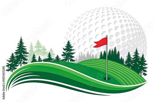 Golf course landscape with flag, green hills, pine trees and large golf ball illustration in the background
