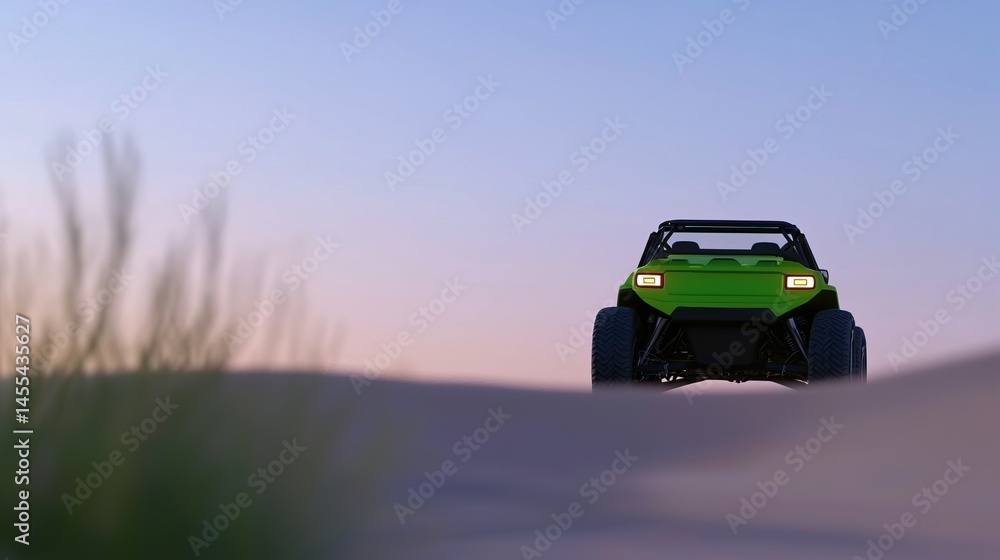 Lime green off-road vehicle on sandy terrain. Lime green off-road vehicle on sandy terrain.