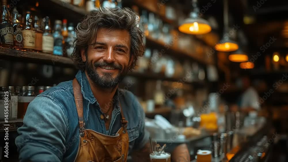 Smiling bartender behind bar, drinks visible Smiling bartender behind bar, drinks visible