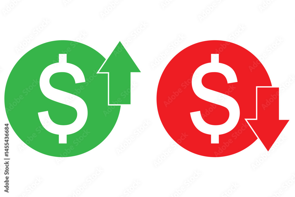 Cost reduction, Cost rising. Cost increase. Price reduced, discount icon. Financial concept. Sign up and down price. Costs cutting and efficiency concept vector design and illustration. Cost reduction, Cost rising. Cost increase. Price reduced, discount icon. Financial concept. Sign up and down price. Costs cutting and efficiency concept vector design and illustration.