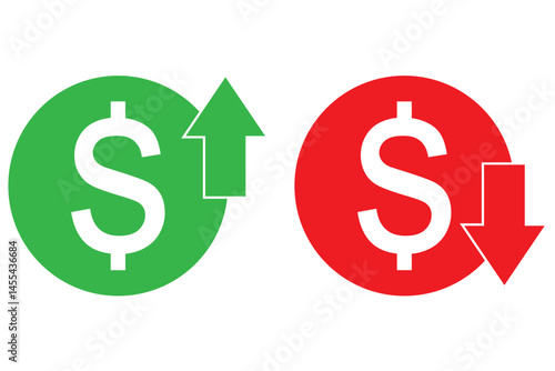 Cost reduction, Cost rising. Cost increase. Price reduced, discount icon. Financial concept. Sign up and down price. Costs cutting and efficiency concept vector design and illustration.