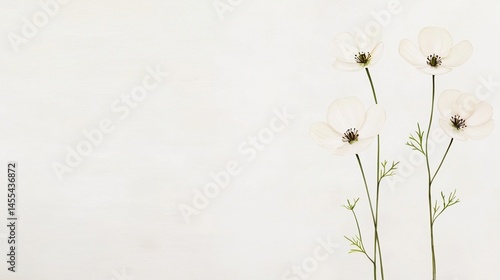 Minimalist illustration of delicate white flowers with thin green stems on a light background.