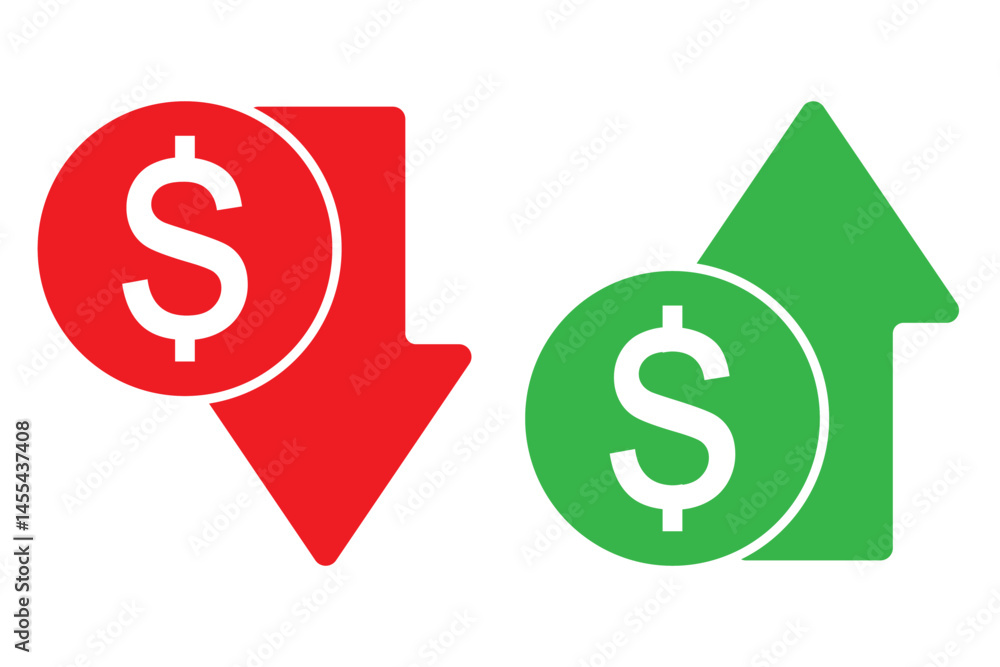 Fototapeta premium Cost reduction, Cost rising. Cost increase. Price reduced, discount icon. Financial concept. Sign up and down price. Costs cutting and efficiency concept vector design and illustration.
