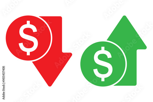 Cost reduction, Cost rising. Cost increase. Price reduced, discount icon. Financial concept. Sign up and down price. Costs cutting and efficiency concept vector design and illustration.
