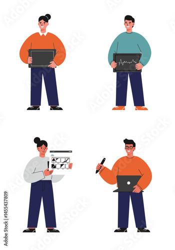A set of 4 flat design animator characters in a clean, minimal style. Each holds animation tools, with diverse looks and a white background.
