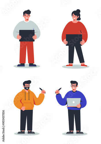 A set of 4 flat design animator characters in a clean, minimal style. Each holds animation tools, with diverse looks and a white background.