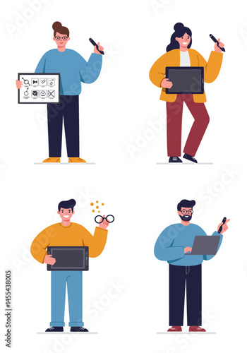 A set of 4 flat design animator characters in a clean, minimal style. Each holds animation tools, with diverse looks and a white background.