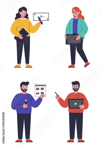 A set of 4 flat design animator characters in a clean, minimal style. Each holds animation tools, with diverse looks and a white background.