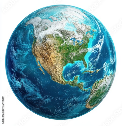 Detailed view of Earth, centered on North and Central America  Detailed continents, oceans, and clouds are visible  High-resolution, realistic rendering of a globe