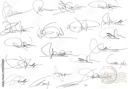 set Hand written signature, Set vector handwritten signature. Fake autograph in different handwriting. The signatures are arranged randomly. signature icon, signature pen, signature vector, 