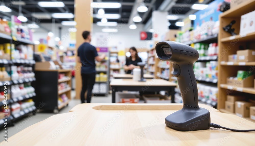 Fototapeta premium Checkout counter with barcode scanner in retail store setting.