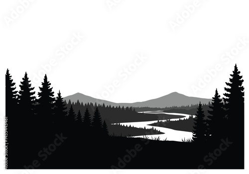 Landscape silhouettes. This image shows a serene and tranquil nature scene with silhouettes of trees, mountains, and a winding river, depicting scenic beauty. Vector clipart illustration design.