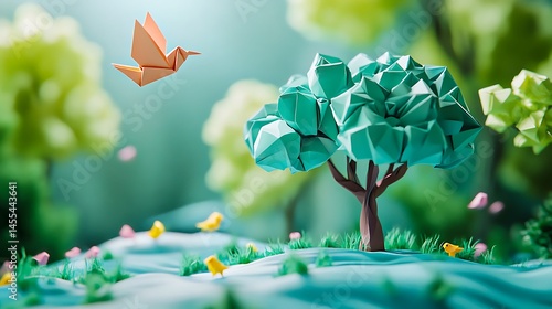 Origami bird flying over paper forest with colorful trees and nature scene

