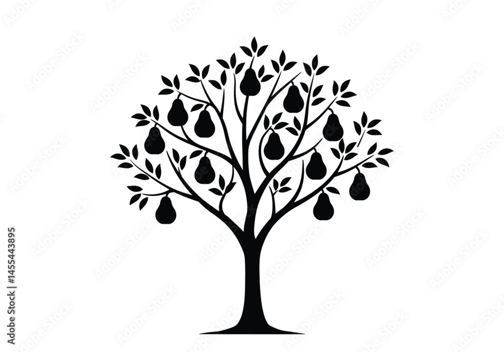 Obraz premium Pear tree silhouette. This image shows a pear tree silhouette with pears hanging from its branches, representing orchard scenery and botanical growth. Vector clipart illustration design.
