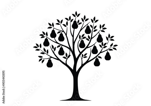 Pear tree silhouette. This image shows a pear tree silhouette with pears hanging from its branches, representing orchard scenery and botanical growth. Vector clipart illustration design.