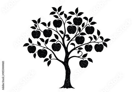 Apple tree silhouette. This image shows a black silhouette of an apple tree with multiple apples, branches, and detailed foliage. Vector clipart illustration design.
