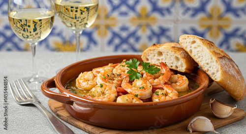 Garlic shrimp scampi gambas al ajillo tapas recipe with bread and white wine appetizer spanish cuisine