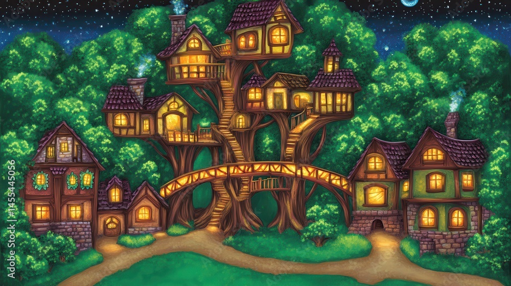 Naklejka premium Enchanted Woodland Village at Night with Treetop Homes