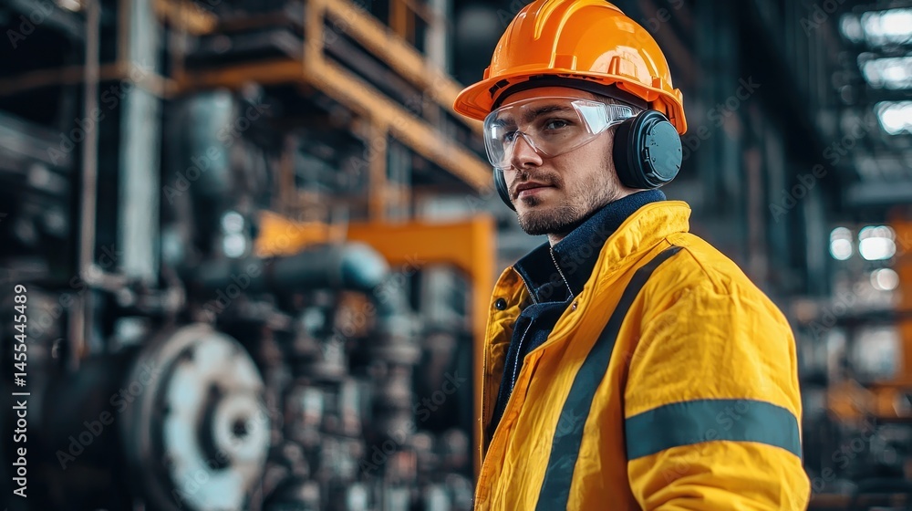 Worker in an industrial setting using protective gear for hygiene. Worker in an industrial setting using protective gear for hygiene.