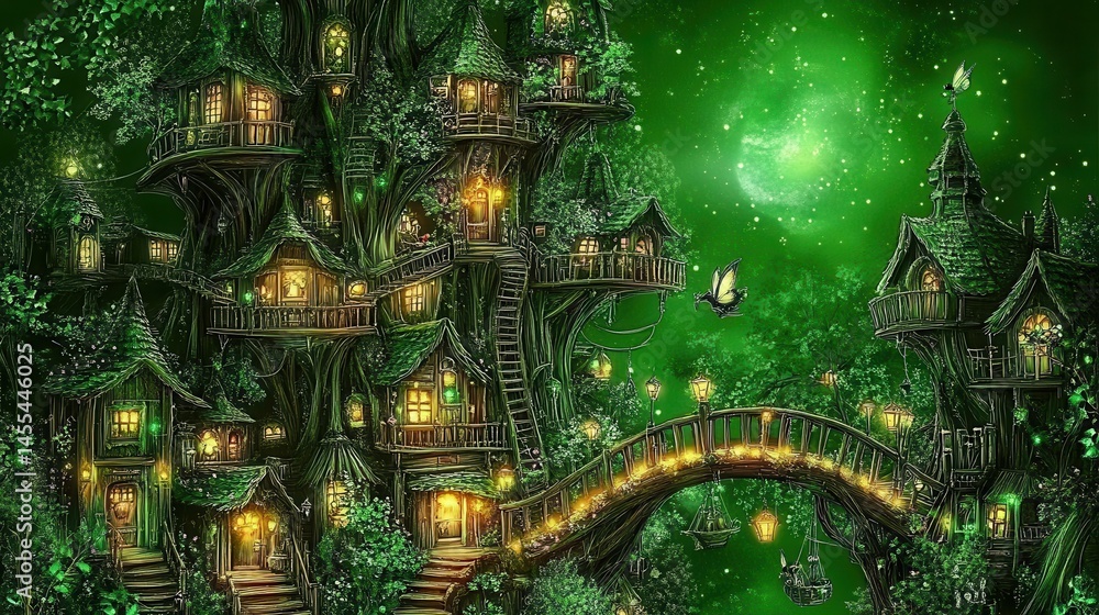 Fototapeta premium Enchanted Emerald Canopy Metropolis of Mystic Dwellings
