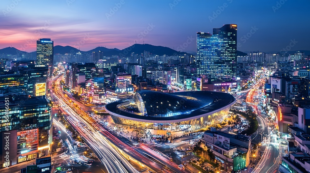 Fototapeta premium The modern architecture of Dongdaemun Design Plaza illuminated at night