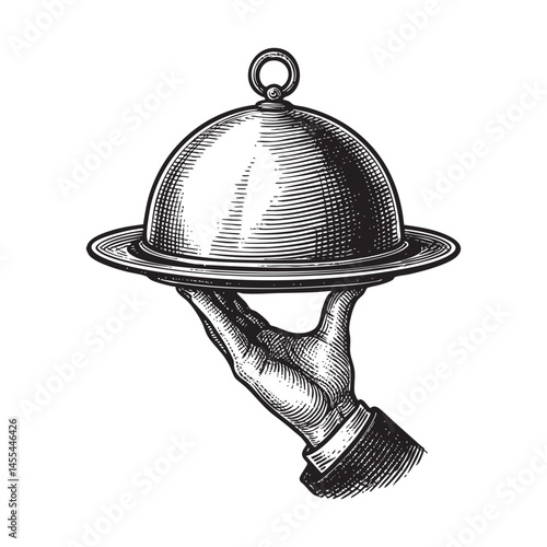 Hand holding tray with lid engraving woodcut illustration