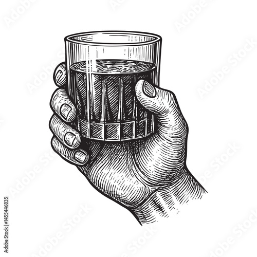 hand holding whiskey glass engraving woodcut illustration
