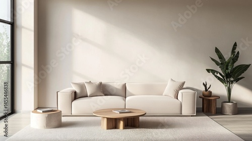 Modern living room with neutral tones and minimalist furniture.
