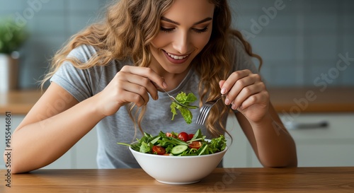Woman Eating Healthy Salad with Fork at Kitchen Table