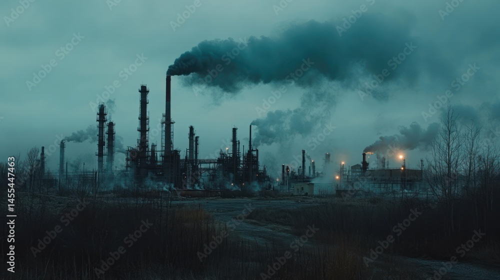 Industrial complex at twilight, emitting dark smoke into a cloudy sky. Industrial complex at twilight, emitting dark smoke into a cloudy sky.