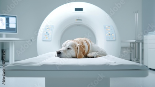 A dog is laying on a table in a hospital room