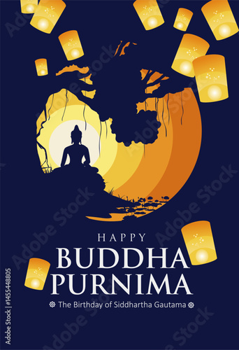 Happy Buddha Purnima 2025 concept design with meditating Buddha silhouette under Mandala sun. Best for Vesak day celebration design, banner, poster, background, greeting card, and printing needs