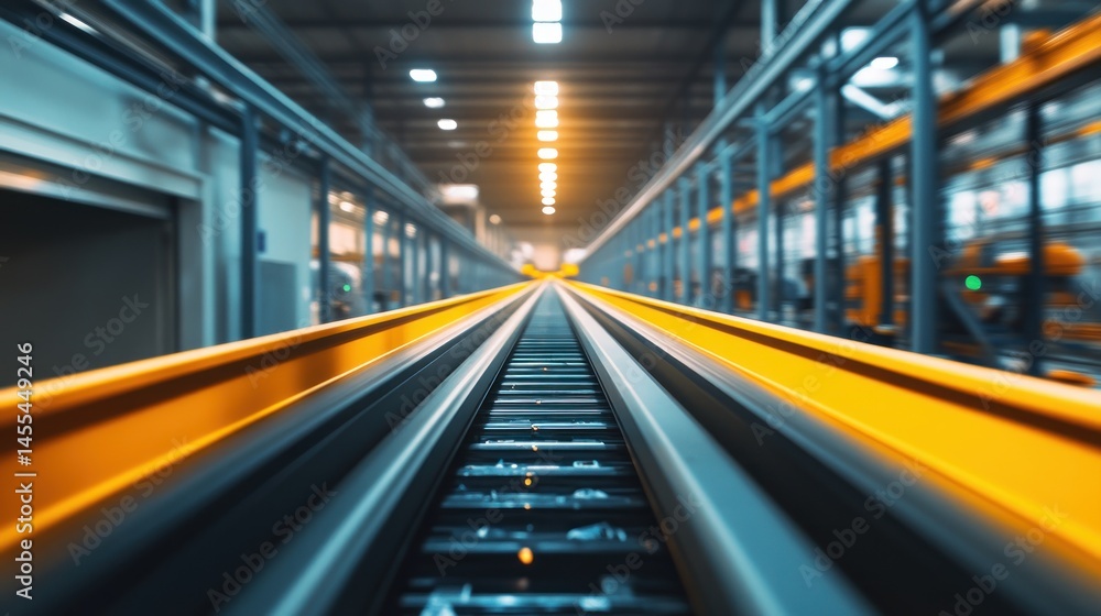 Industrial conveyor belt inside a factory. Perspective view of a long conveyor belt stretching into the distance, with metal supports and yellow accents, in a modern facility. Industrial conveyor belt inside a factory. Perspective view of a long conveyor belt stretching into the distance, with metal supports and yellow accents, in a modern facility.