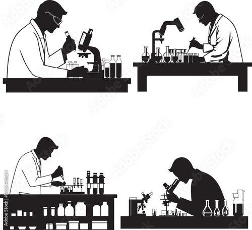 Scientist Working in Lab flat black silhouette vector