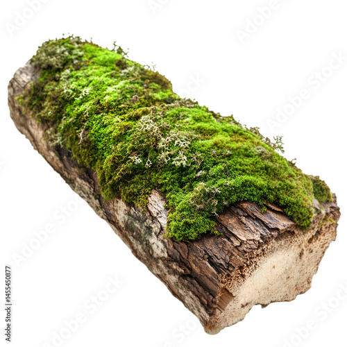 A log with moss on it sitting on top of a white background 
