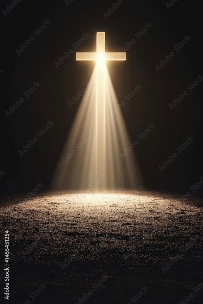 Naklejka premium A cross is lit up in a dark room, with rays of light shining on it