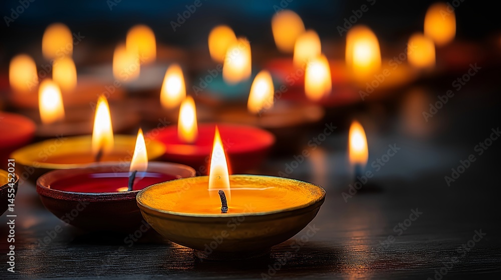 Lit Candles: A collection of vividly colored candles softly illuminate the scene with their radiant, flickering flames, casting a warm, inviting glow in a display of peaceful ambiance. Lit Candles: A collection of vividly colored candles softly illuminate the scene with their radiant, flickering flames, casting a warm, inviting glow in a display of peaceful ambiance.
