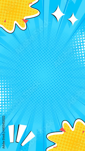Bright Blue and Yellow Comic Background with Pop Art Halftone Effects and Cartoon Elements