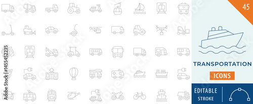 Transport icon collection set. Containing car, bike, plane, train, bicycle, motorbike, bus, scooter and more. Editable stroke.