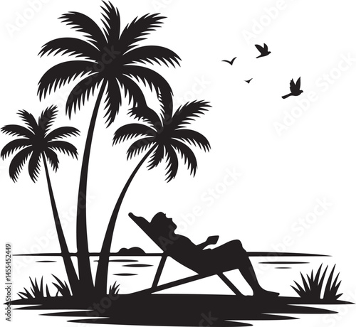palm, beach, tree, summer, tropical, vector, silhouette, sea, sun, island, illustration, nature, sunset, travel, palm tree, holiday, landscape, ocean, paradise, vacation, sky, woman, water, design, ex