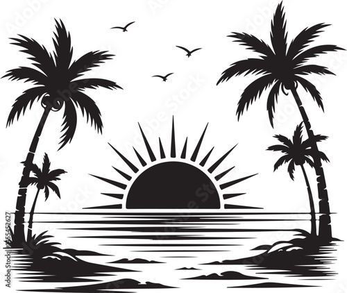palm, beach, tree, summer, tropical, vector, silhouette, sea, sun, island, illustration, nature, sunset, travel, palm tree, holiday, landscape, ocean, paradise, vacation, sky, woman, water, design, ex