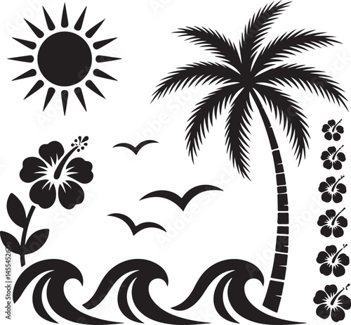 palm, beach, tree, summer, tropical, vector, silhouette, sea, sun, island, illustration, nature, sunset, travel, palm tree, holiday, landscape, ocean, paradise, vacation, sky, woman, water, design, ex