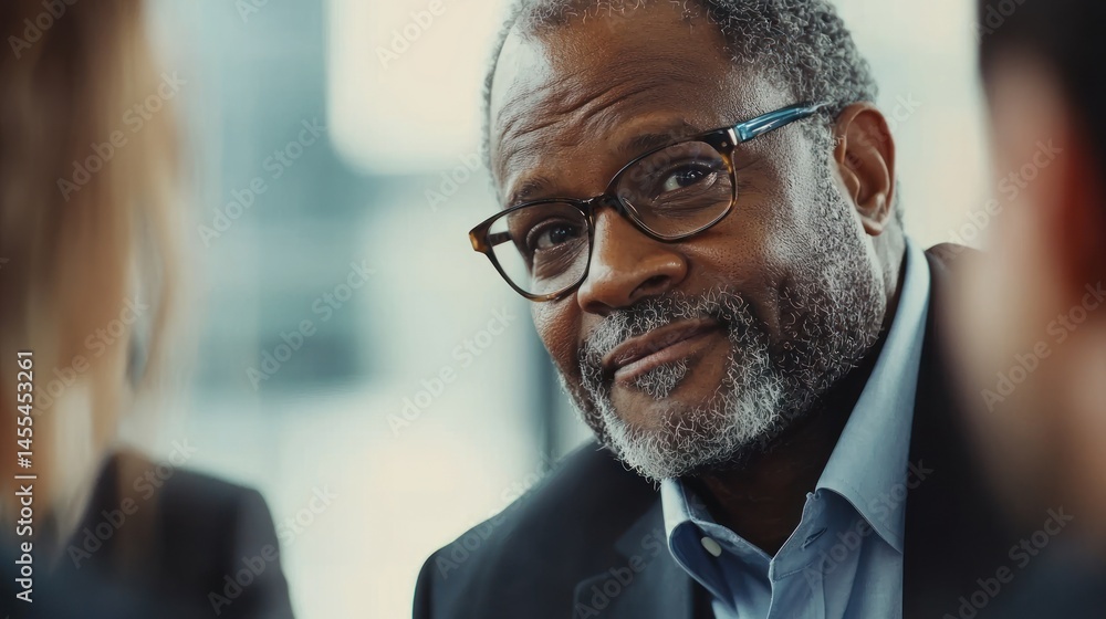 A close-up of a leader leading a discussion with colleagues in a corporate office. A close-up of a leader leading a discussion with colleagues in a corporate office.