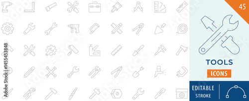 Construction tools collection icon set. Containing home repair, builders, equipment, Builder, crane, engineering, helmet, and more. Editable stroke.