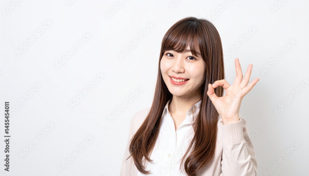 オーケーサインをする日本人女性の笑顔ポートレート|明るく元気・ポジティブな表情 オーケーサインをする日本人女性の笑顔ポートレート|明るく元気・ポジティブな表情