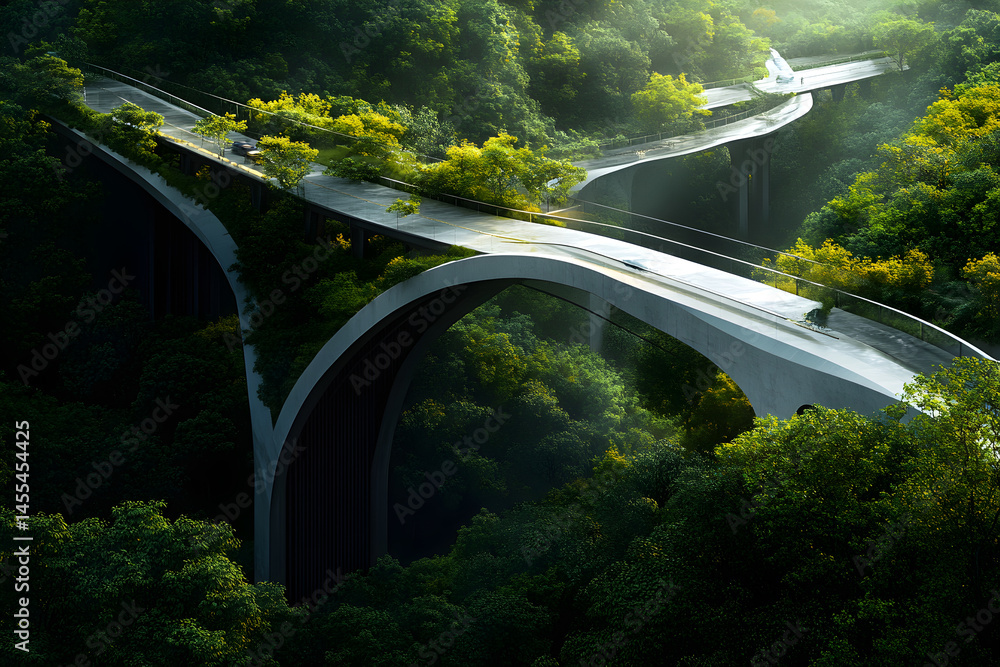 Fototapeta premium Urban Harmony: Aerial View of Overhead Bridge Integrating Engineering and Nature